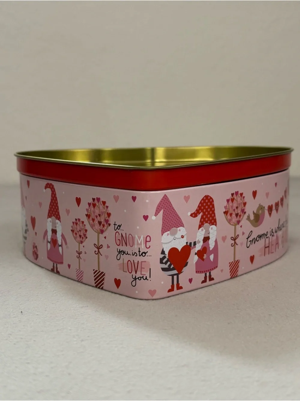 Heart-Shaped Gnome Storage Tin in Pink & Red 